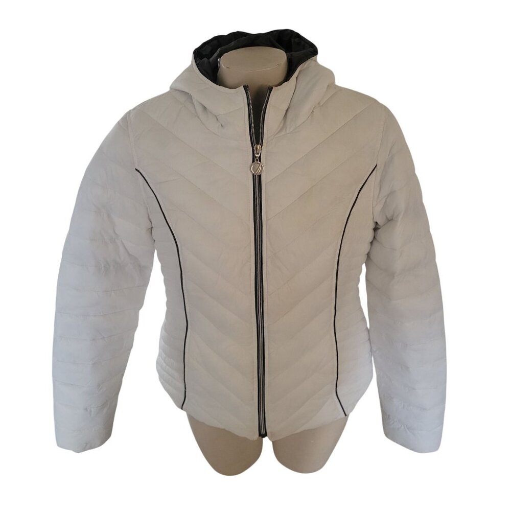 Nautica Womens White Puffer Jacket With Hood Size M Lightweight Chevron Quilted